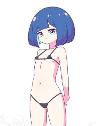 2girls :/ aqua_eyes aqua_hair arms_behind_back bare_arms bare_shoulders bikini black_bikini blue_hair blunt_bangs blush bob_cut breasts chibi chibi_inset chibikki closed_mouth colored_inner_hair covered_erect_nipples cowboy_shot dot_nose grey_background highres looking_at_viewer micro_bikini multicolored_hair multiple_girls nanako_(chibikki) navel no_eyes open_mouth original pixel_art saki_(chibikki) self-harm_scar short_hair sidelocks simple_background small_breasts solo_focus standing stomach swimsuit talking three_quarter_view translation_request twintails two-tone_hair variant_set