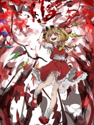 1girl ascot blonde_hair crystal_wings dress flandre_scarlet frilled_dress frilled_wrist_cuffs frills hat highres looking_at_viewer mob_cap myui17901139 open_mouth red_dress red_eyes red_shoes red_vest shoes short_sleeves skirt solo tongue tongue_out touhou vest wings wrist_cuffs