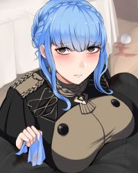 Rule 34 | 1girl, blue hair, blush, braid, breasts, brown eyes, cloth, crown braid, cup, erimiko, fire emblem, fire emblem: three houses, garreg mach monastery uniform, large breasts, long hair, looking at viewer, marianne von edmund, nintendo, pov, solo, spill, table, tablecloth, teacup, upper body