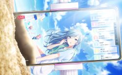 Rule 34 | 4girls, :d, :o, ^ ^, aozora no saki kagayaki wo oikakete (project sekai), ball, beachball, blue eyes, blue hair, blue shorts, blue sky, brown hair, cellphone, closed eyes, cloud, colorful palette, fake screenshot, game cg, hanasato minori, highres, hinomori shizuku, kiritani haruka, livestream, momoi airi, more more jump! (project sekai), multiple girls, official art, open mouth, phone, pink hair, project sekai, sand, shirt, shorts, sky, smartphone, smile, solo focus, third-party source, towel, translation request, white shirt