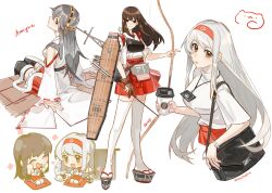 3girls akagi_(kancolle) araiyme arrow_(projectile) bag bow_(weapon) breasts brown_eyes brown_hair character_name chibi closed_eyes closed_mouth commentary cup curry disposable_cup english_commentary flight_deck food frilled_skirt frills gloves grey_hair hakama hakama_skirt haruna_(kancolle) headband headgear heart highres holding holding_cup holding_weapon japanese_clothes kantai_collection large_breasts long_hair medium_breasts multiple_girls multiple_views muneate nontraditional_miko parted_lips partially_fingerless_gloves partly_fingerless_gloves quiver red_hakama red_headband red_skirt rigging shoukaku_(jal)_(kancolle) shoukaku_(kancolle) signature simple_background sitting skirt standing tasuki thighhighs very_long_hair weapon white_background white_hair white_thighhighs yugake