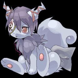 Rule 34 | :o, bow, choko (sweetpocket), commentary request, creature, creature focus, dithering, eyepatch, full body, grey bow, grey fur, grey neopet, leaning forward, lowres, neopet (creature), neopets, no humans, parted lips, pixel art, red eyes, red ribbon, ribbon, signature, sitting, solo, tail, tail bow, tail ornament, usul, white background
