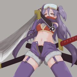 Rule 34 | 1girl, aburaage-zako, black panties, blush, breasts, cleavage, garter straps, grey background, kusagakure asuka, long hair, navel, ninja, ninja to koroshiya no futarigurashi, open clothes, open shorts, panties, purple hair, purple shorts, purple thighhighs, red eyes, shorts, simple background, small breasts, solo, sword, thighhighs, underwear, weapon