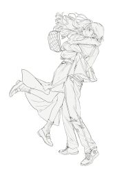 Rule 34 | 1girl, 1other, androgynous, arms around neck, bag, commentary request, converse, covered face, ear piercing, floating hair, from side, full body, highres, hug, jacket, leg up, lifting person, loafers, long hair, long sleeves, open mouth, original, pants, piercing, shoes, shoulder bag, simple background, sketch, skirt, socks, standing, sweat, torn clothes, torn pants, white background, yuno 11 02