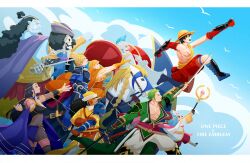 afro arm_up armor ascot beard black_hair blonde_hair blue_ascot blue_hair blue_skin brook_(one_piece) cape colored_skin commentary endspire english_commentary facial_hair fire_emblem franky_(one_piece) goatee green_hair hat highres holding holding_sword holding_weapon horse jinbe_(one_piece) long_hair long_nose looking_up monkey_d._luffy nami_(one_piece) nico_robin nintendo one_piece orange_hair outstretched_arms pompadour ponytail profile roronoa_zoro sanji_(one_piece) sideburns skeleton stitched_torso stitches straw_hat straw_hat_pirates sword tony_tony_chopper usopp weapon