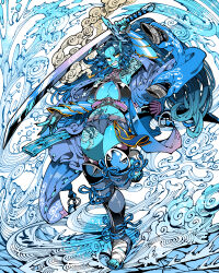 Rule 34 | 1girl, arm tattoo, arm up, black nails, blue hair, blue rope, blue skin, blue theme, breasts, cleavage, colored skin, fingerless gloves, full body, gloves, grey gloves, holding, holding sword, holding weapon, horns, kafun, large breasts, leg up, long hair, looking to the side, micro shorts, navel, navel piercing, original, piercing, rope, sharp teeth, sheath, shorts, smoke, smoking, smoking pipe, solo, sword, tattoo, teeth, thighhighs, toeless footwear, weapon, yellow eyes