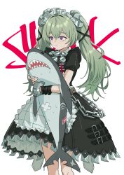 Rule 34 | 1girl, absurdres, animal, apron, belt, black belt, black dress, chain, closed mouth, commentary, corin wickes, cowboy shot, cuffs, dress, english text, frills, green hair, hair between eyes, hair ornament, highres, holding, holding animal, holding stuffed toy, long hair, looking ahead, looking to the side, maid, maid apron, maid headdress, puffy short sleeves, puffy sleeves, purple eyes, screw hair ornament, shark, short sleeves, simple background, solo, standing, stuffed animal, stuffed shark, stuffed toy, sweatdrop, tinkie, twintails, wet, white apron, white background, wristband, x hair ornament, zenless zone zero