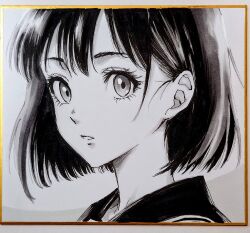 Rule 34 | 1girl, choppy bangs, commentary request, expressionless, eyelashes, greyscale, hair behind ear, looking at viewer, makomako1061, monochrome, original, parted lips, pen (medium), photo (medium), portrait, sailor collar, shikishi, short hair, solo, traditional media, turning head