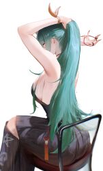 Rule 34 | 1girl, absurdres, arknights, arms behind head, belt, black belt, black pants, black shirt, breasts, chair, choker, closed eyes, commentary, english commentary, from behind, green hair, hair tie, highres, holding, holding own hair, horns, hoshiguma (arknights), jewelry, knee cutout, large breasts, long hair, multiple rings, nail polish, orange choker, orange nails, pants, pointy ears, ponytail, rasipan, ring, shirt, sideboob, simple background, single horn, sitting, skin-covered horns, solo, studded belt, tying hair, very long hair, white background