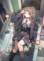 Rule 34 | 1girl, arm up, bang dream!, bang dream! it&#039;s mygo!!!!!, blue eyes, breasts, broken window, brown hair, candle, empty bathtub, highres, kneehighs, large breasts, long hair, maidcode1023, mygo!!!!! (bang dream!), nagasaki soyo, one eye closed, painting (object), petals, school uniform, serafuku, sleepy, socks