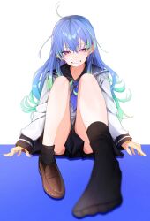 Rule 34 | 1girl, alternate costume, black sailor collar, black skirt, black socks, blue background, blue hair, blue neckerchief, blush, brown shoes, commentary request, full body, green hair, grin, highres, loafers, long hair, long sleeves, looking at viewer, mole, mole under eye, multicolored hair, nanashi inc., neckerchief, pink eyes, pleated skirt, sailor collar, school uniform, shirt, shoes, simple background, single shoe, sitting, skirt, smile, socks, solo, suzumi nemo, temari maco, two-tone background, two-tone hair, underwear, virtual youtuber, white background, white shirt