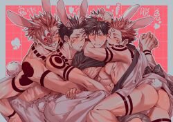 4boys :o absurdres animal_ears arm_tattoo ass azukiharuta_ju black_hair blush border clenched_teeth commentary_request cyclops dual_persona ear_piercing extra_eyes facial_tattoo forehead_tattoo fushiguro_megumi green_eyes grey_border grid_background highres hug jujutsu_kaisen leg_tattoo licking_lips looking_at_another male_focus multiple_boys muscular muscular_male nipples one-eyed open_mouth outside_border pectorals piercing pink_background rabbit rabbit_boy rabbit_ears rabbit_tail red_eyes red_hair ryoumen_sukuna_(jujutsu_kaisen) ryoumen_sukuna_(true_form)_(jujutsu_kaisen) shoulder_tattoo smile sweat tail tattoo teeth thighs tongue tongue_out translation_request yaoi