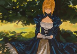 Rule 34 | 1girl, artoria pendragon (fate), ashashio, blonde hair, blue bow, blue dress, book, bow, breasts, cleavage cutout, closed eyes, closed mouth, clothing cutout, day, dress, fate/stay night, fate/unlimited blade works, fate (series), grass, hair bow, highres, holding, holding book, honkai: star rail, honkai (series), juliet sleeves, long sleeves, medium breasts, open book, outdoors, puffy sleeves, saber (fate), saber (honkai: star rail) (fate), shadow, short hair, sidelocks, sitting, solo, tree, two-tone dress, white dress