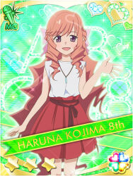 1girl akb0048 arm_at_side bow card_(medium) character_name cowboy_shot drill_hair drill_sidelocks green_background hair_bow hand_up heart jewelry kojima_haruna_(akb0048) long_hair looking_at_viewer necklace non-web_source official_art pink_hair pleated_skirt purple_bow purple_eyes red_skirt shirt sidelocks skirt sleeveless sleeveless_shirt solo standing star_(symbol) straight-on very_long_hair waving white_shirt