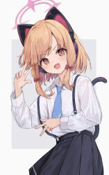 1girl :d black_skirt black_tail blonde_hair blue_archive blue_necktie blush bow cat_tail collared_shirt commentary double_w dress_shirt fake_tail hachita_(odangoya) hair_bow halo hand_up head_tilt highres long_sleeves looking_at_viewer low-tied_sidelocks momoi_(blue_archive) necktie no_jacket open_mouth parted_bangs pink_halo pleated_skirt red_bow red_eyes shirt shirt_tucked_in sidelocks simple_background skirt smile solo suspender_skirt suspenders suspenders_slip tail tail_raised v-shaped_eyebrows w white_background white_shirt wing_collar