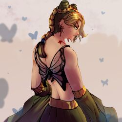 absurdres artigor back bug butterfly dress fashion green_dress highres insect jojo_no_kimyou_na_bouken kuujou_jolyne muscular parade stone_ocean