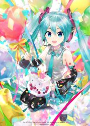 ._. 1girl anniversary aqua_eyes aqua_hair aqua_nails aqua_necktie balloon bare_shoulders birthday_cake black_skirt black_sleeves black_thighhighs blueberry bow cake candle commentary confetti detached_sleeves food from_above fruit grey_shirt hair_ornament hatsune_miku headphones headset heart_balloon highres kei_(keigarou) long_hair looking_at_viewer miniskirt nail_polish necktie niconico number_candle on_swing pleated_skirt raspberry ribbon second-party_source shiny_clothes shirt shoulder_tattoo sitting skirt sleeveless sleeveless_shirt solo star_balloon streamers striped_ribbon swing tattoo terebi-chan thighhighs triangle_mouth twintails very_long_hair vocaloid yellow_ribbon
