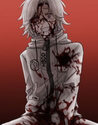 1boy aotsuki_eito black_eyes blood blood_from_mouth blood_on_arm blood_on_clothes blood_on_face blood_on_leg blue_eyes covered_in_blood crazy_eyes crazy_smile glasses gradient_background highres long_sleeves looking_at_viewer male_focus multicolored_eyes parted_hair red_background red_pupils smile solo solo_focus teeth the_hundred_line_-last_defense_academy- white_hair