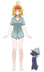 Rule 34 | 1girl, absurdres, ahoge, alternate costume, animal, aqua eyes, aqua hat, aqua pajamas, aqua scarf, bare legs, barefoot, black dog, black nails, blonde hair, blue hat, blue pajamas, blue scarf, blush, breasts, claws, dog, doki amber doge (dokibird), dokibird (vtuber), fang, feather hair, full body, green eyes, hair intakes, hat, highres, indie virtual youtuber, looking at viewer, mask, mask on head, nightcap, pajamas, reference sheet, scarf, second-party source, shirt, short hair, short shorts, short sleeves, shorts, simple background, skin fang, sleep mask, sleepwear, smile, solo, tamago nezumi, tomato, virtual youtuber, white background