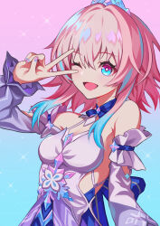 1girl absurdres bare_shoulders blue_background blue_eyes blue_hair blue_nails breasts colored_tips commentary detached_sleeves dress highres honkai:_star_rail honkai_(series) kurenairan77 long_sleeves looking_at_viewer march_7th_(honkai:_star_rail) march_7th_(nascent_spring)_(honkai:_star_rail) medium_breasts medium_hair multicolored_eyes multicolored_hair multicolored_nails nail_polish official_alternate_costume one_eye_closed open_mouth pink_background pink_eyes pink_hair pink_nails simple_background solo sparkle star_(symbol) star_in_eye symbol-only_commentary symbol_in_eye tiara two-tone_background two-tone_eyes two-tone_hair upper_body v v_over_eye