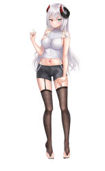 1girl aqua_eyes aqua_nails black_nails black_shorts black_thighhighs blush breasts closed_mouth full_body garter_straps grey_hair hand_up heterochromia horns large_breasts looking_at_viewer nail_polish navel orange_eyes original raurashun short_shorts shorts simple_background smile solo standing thighhighs thighs toes white_background
