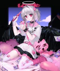 1girl ant artist_name bandaged_arm bandaged_hand bandages bandaid bandaid_on_face belt black_collar black_skirt blood boxcutter bracelet bug cat_ornament chain cloud collar ear_piercing frilled_pillow frills hair_intakes hair_ornament hair_tie halo heart heart-shaped_pillow highres insect jewelry loose_socks lottie_(unxi) money nail_polish noose one_side_up original phone piercing pillow pink_eyes pink_nails pink_skirt pink_socks rope shirt silver_hair skirt skull_and_crossbones skull_print sky socks stuffed_animal stuffed_cat stuffed_toy tattoo trash_bag turtleneck two-tone_skirt unxi white_shirt yami_kawaii
