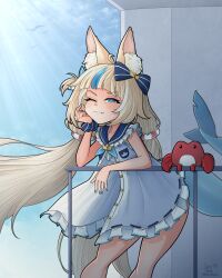 Rule 34 | 1girl, ;3, absurdres, ahoge, animal ears, bikini, bikini under clothes, blonde hair, blue bikini, blue bow, blue eyes, blue hair, blue nails, blue neckerchief, blue sailor collar, blue sky, blunt bangs, bow, cat ears, commentary, day, dress, fang, fins, fish girl, fish tail, frilled bikini, frilled dress, frilled sailor collar, frills, hair bow, hand up, highres, indie virtual youtuber, kaniki (sameko saba), kluverdesigns, leaning forward, lifebuoy hair ornament, long hair, looking at viewer, low twintails, multicolored hair, nail polish, neckerchief, one eye closed, one side up, outdoors, sailor collar, sailor dress, sameko saba, scrunchie, sky, sleeveless, sleeveless dress, solo, streaked hair, striped bikini, striped clothes, swimsuit, tail, twintails, unbuttoned, very long hair, virtual youtuber, white dress, white hair, wrist scrunchie