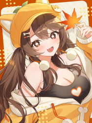 Rule 34 | 1girl, :3, absurdres, aki orange, animal ear headwear, arm at side, arm up, armpit crease, bare shoulders, black sports bra, bone hair ornament, border, breasts, bright pupils, brown border, brown eyes, brown hair, cleavage, double-parted bangs, drawstring, fake animal ears, fangs, flower-shaped pupils, hair ornament, happy, hat, hat ornament, heart, heart print, highres, holding, holding leaf, hood, hoodie, indie virtual youtuber, large breasts, leaf, long hair, long sleeves, looking at viewer, lopsided border, maple leaf, newsboy cap, nun 9, off shoulder, open mouth, orange hat, orange hoodie, outside border, partially unzipped, pom pom (clothes), second-party source, shiba inu, smile, solo, sports bra, symbol-shaped pupils, teeth, twintails, upper body, upper teeth only, very long hair, white background, white pupils, zipper pull tab