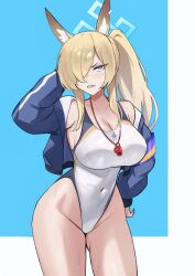 1girl animal_ear_fluff animal_ears armband blonde_hair blue_archive blue_eyes blue_halo blue_jacket breasts competition_swimsuit dog_ears extra_ears hair_over_one_eye halo highleg highleg_one-piece_swimsuit highres jacket kanna_(blue_archive) kanna_(swimsuit)_(blue_archive) large_breasts long_hair notched_ear official_alternate_costume one-piece_swimsuit ponytail purple_armband sharp_teeth solo standing swimsuit teeth whistle whistle_around_neck white_one-piece_swimsuit zet_(twt_zet)