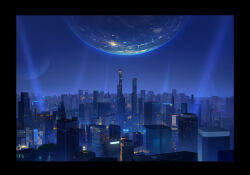 apartment building city cityscape highres night night_sky original planet scenery science_fiction searchlight sky slow_d