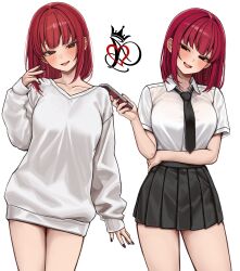 1girl absurdres black_necktie black_skirt blush breasts bright_pupils cellphone collarbone cowboy_shot fingernails gwan-e head_tilt highres holding holding_phone long_sleeves looking_at_viewer medium_breasts medium_hair miniskirt multiple_views nail_polish necktie original phone pleated_skirt red_hair school_uniform shirt short_sleeves simple_background skirt smile sweater thighs v-neck white_background white_pupils white_shirt white_sweater