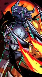 Rule 34 | armor, artist logo, claws, colored skin, commentary, crotch plate, digimon, dragon, fire, green eyes, helmet, highres, horns, logo, looking at viewer, orange skin, red background, red hair, ridgeone, solo, spiked hair, twitter username, upper body, wargreymon, yellow armor