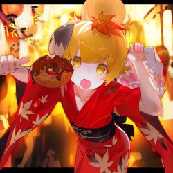 1girl absurdres bag black_sash blonde_hair blush donut fangs food hair_bun highres holding holding_bag holding_skewer japanese_clothes kimono leaf leaf_on_head looking_at_viewer mask mask_on_head monogatari_(series) obi open_mouth oshino_shinobu paper_bag red_kimono sash shishirui_san skewer solo wide_sleeves yellow_eyes