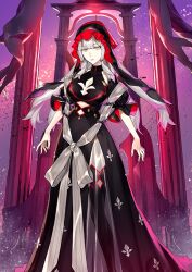 1girl arms_at_sides black_dress black_thighhighs black_veil breasts cleavage_cutout closed_mouth clothing_cutout dress expressionless fate/grand_order fate_(series) feet_out_of_frame fleur-de-lis floating_hair front_slit game_cg ginka_sima guillotine high_collar large_breasts lips long_dress long_hair looking_at_viewer marie_antoinette_(fate) marie_antoinette_alter_(fate) marie_antoinette_alter_(second_ascension)_(fate) official_art see-through_skirt_layer short_sleeves sidelocks solo thighhighs third-party_source underboob_cutout variant_set veil white_hair yellow_eyes