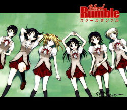 00s 6+girls black_hair blonde_hair copyright_name grass long_hair looking_at_viewer multiple_girls puffy_short_sleeves puffy_sleeves sarah_adiemus sawachika_eri school_rumble school_uniform short_hair short_sleeves siblings sisters smile socks suou_mikoto_(school_rumble) takano_akira tsukamoto_tenma tsukamoto_yakumo twintails two_side_up
