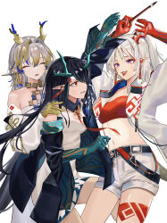 Rule 34 | 3girls, :o, absurdres, anger vein, angry, arknights, arm up, arms up, bandeau, bare shoulders, black hair, black jacket, blonde hair, blue hair, clenched teeth, closed eyes, colored extremities, commentary, crop top, dragon girl, dragon horns, dress, dusk (arknights), earrings, eye contact, grey hair, hair between eyes, hair intakes, hair over one eye, hand on another&#039;s shoulder, highres, holding, holding paintbrush, horns, jacket, jewelry, long hair, long sleeves, looking at another, medium hair, midriff, multicolored hair, multiple girls, navel, necklace, necktie, nian (arknights), off shoulder, one eye covered, open clothes, open jacket, open mouth, orange eyes, outstretched arm, paintbrush, pointy ears, purple eyes, red bandeau, red hair, red necktie, shorts, shu (arknights), siblings, simple background, sisters, smile, streaked hair, takiren, teasing, teeth, tongue, tongue out, white background, white dress, white hair, white jacket, white shorts