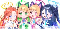 2025 4girls :3 :d ^_^ absurdres animal_ear_headphones animal_ears aqua_halo aqua_necktie aris_(blue_archive) artist_name bilibili_username black_hair black_hairband black_jacket blonde_hair blue_archive blue_eyes blunt_bangs blush bow buttons cat_ear_headphones cat_ears chinese_commentary closed_eyes closed_mouth collared_shirt commentary_request curled_fingers dot_nose eyes_visible_through_hair fake_animal_ears forehead game_development_department_(blue_archive) gradient_background green_bow green_eyes green_halo green_jacket hair_behind_ear hair_between_eyes hair_bow hair_intakes hairband halo hand_up hands_up headphones heart heart_hands highres hood hood_down hooded_jacket jacket long_bangs long_hair long_hair_between_eyes long_sidelocks long_sleeves looking_at_viewer looking_to_the_side low-tied_sidelocks making-of_available medium_hair midori_(blue_archive) miomio1568315 momoi_(blue_archive) multicolored_jacket multiple_girls necktie off_shoulder one_side_up open_clothes open_hand open_jacket open_mouth orange_hair orange_jacket parted_bangs parted_lips pink_bow pink_eyes pink_halo pink_jacket power_symbol puffy_long_sleeves puffy_sleeves raised_eyebrows rectangular_halo school_uniform shirt siblings sidelocks simple_background sisters smile spread_fingers straight-on suspenders tareme teeth twins twitter_username twitter_x_logo two-sided_fabric two-sided_jacket upper_body upper_teeth_only v v-shaped_eyebrows w waving white_background white_jacket white_shirt wide_sleeves yellow_background yellow_halo yuzu_(blue_archive)