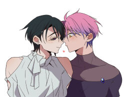 Rule 34 | 2boys, alien stage, black hair, black shirt, clothing cutout, commentary, genderswap, genderswap (ftm), heart, male focus, mizi (alien stage), multicolored hair, multiple boys, pink hair, purple eyes, purple hair, sazare (sazozo0), shirt, shoulder cutout, sua (alien stage), symbol-only commentary, two-tone hair, white shirt, yaoi, yellow eyes