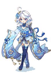 1girl :d ahoge alternate_color blue_bridal_gauntlets blue_eyes blue_flower blue_hair blue_kimono blue_pupils blue_sash blue_thighhighs blush cosplay drop-shaped_pupils flower full_body furina_(genshin_impact) genshin_impact hair_between_eyes hair_flower hair_intakes hair_ornament hand_up heterochromia highres japanese_clothes kimono long_sleeves looking_at_viewer medium_hair multicolored_hair obi open_mouth raiden_shogun raiden_shogun_(cosplay) sash simple_background smile solo standing streaked_hair symbol-shaped_pupils thighhighs tori26 twitter_username white_background white_hair wide_sleeves