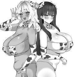 2girls :d absurdres animal_ears animal_print bare_shoulders bikini blush bow bowtie breasts cleavage closed_mouth cow_ears cow_print cow_print_bikini detached_collar detached_sleeves from_side greyscale hand_up highres hotate-chan huge_breasts long_hair long_sleeves looking_at_viewer looking_to_the_side medium_hair mole mole_under_mouth monochrome multiple_girls open_mouth original print_bikini smile stomach swimsuit underboob
