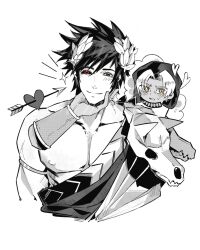 2boys animal_skull arrow_(projectile) arrow_through_heart bare_pectorals black_sclera chinese_commentary closed_mouth collarbone colored_sclera commentary_request curtained_hair greco-roman_clothes green_eyes greyscale hades_(series) hades_1 hand_on_another&#039;s_chin heart heterochromia highres hood hood_up looking_at_another looking_to_the_side male_focus monochrome multiple_boys nervous_sweating nipples pectorals red_eyes robe sideways_glance simple_background single_bracer smile spot_color sweat thanatos_(hades) white_background xinjinjumin8218011 yaoi yellow_eyes zagreus_(hades)