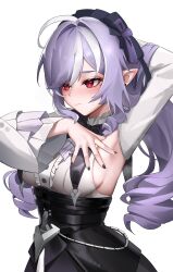1girl absurdres ahoge armpits artist_name black_bow black_bowtie black_nails black_skirt blush bow bowtie breasts center_frills chinese_commentary closed_mouth commentary detached_sleeves fingernails frilled_shirt frills hair_intakes hair_ribbon highres large_breasts long_hair long_sleeves mole mole_under_eye multicolored_hair nail_polish pink_lips pointy_ears presenting_armpit purple_hair purple_ribbon red_eyes ribbon shirt sideboob simple_background skirt solo streaked_hair two-tone_hair ushiko_xiansheng vivian_(zenless_zone_zero) white_background white_shirt white_sleeves zenless_zone_zero