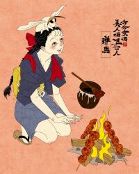 1girl absurdres animal animal_on_head artist_logo black_hair braid bug commentary english_commentary fire full_body gunma_prefecture highres insect japanese_clothes kimono logo long_hair moth on_head original pink_background purple_kimono sandals sei5osuzuki simple_background solo squatting tabi