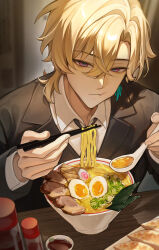 1boy :t absurdres aqua_pupils aventurine_(honkai:_star_rail) beef black_jacket black_necktie black_suit blonde_hair blurry blurry_background bowl chopsticks closed_mouth collared_shirt commentary_request cup curtained_hair danha double-parted_bangs earrings eating egg_yolk fingernails food formal_clothes gyuudon hair_between_eyes hair_intakes hands_up hashtag-only_commentary highres holding holding_chopsticks honkai:_star_rail honkai_(series) indoors jacket jewelry lapels layered_sleeves lettuce long_sleeves looking_at_viewer male_focus mixed-language_commentary multicolored_eyes necktie noodles notched_lapels purple_eyes sauce shirt short_hair sidelocks single_earring solo spoon suit suit_jacket sushi table two-tone_eyes upper_body white_shirt wing_collar wooden_table