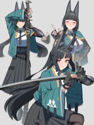 1girl absurdres afterimage animal_ears asymmetrical_gloves black_boots black_gloves black_hair black_necktie black_skirt blush boots breasts brown_pantyhose closed_eyes closed_mouth collared_shirt commentary dress_shirt fingerless_gloves gar32 gloves grey_background highres holding holding_sheath holding_sword holding_weapon hoshimi_miyabi index_finger_raised katana large_breasts long_hair mismatched_gloves multiple_views necktie pantyhose pleated_skirt red_eyes sheath sheathed shirt simple_background single_fingerless_glove skirt sword v-shaped_eyebrows very_long_hair weapon white_shirt zenless_zone_zero