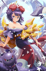 1girl artist_name bare_shoulders bird blue_eyes breasts burnt_green_tea center_opening cleavage closed_mouth commentary english_commentary fate/grand_order fate_(series) flower full_body giant_brush hair_flower hair_ornament highres holding holding_paintbrush japanese_clothes katsushika_hokusai_(fate) katsushika_hokusai_(second_ascension)_(fate) kimono large_breasts octopus paintbrush purple_hair purple_kimono signature smile white_bird