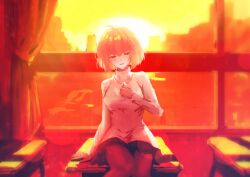 1girl absurdres arcueid_brunestud blonde_hair blush city classroom curtains desk highres looking_at_viewer on_desk pantyhose ramune_otubu red_eyes school_desk short_hair sitting skirt smile sunset sweater tsukihime tsukihime_(remake) turtleneck turtleneck_sweater window