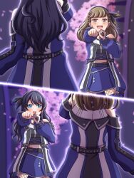 Rule 34 | 2girls, :d, ampere (love live!), bare shoulders, black choker, black hairband, black shirt, blue coat, blue eyes, blue skirt, braid, brown hair, center-flap bangs, choker, coat, commentary request, cropped shirt, dollchestra, falling petals, fishnet pantyhose, fishnets, ganbarai, hairband, half updo, highres, holding, holding microphone, kachimachi kosuzu, link! like! love live!, long hair, long sleeves, love live!, microphone, midriff, miniskirt, multiple girls, murano sayaka, music, off-shoulder coat, off shoulder, open clothes, open coat, open mouth, outstretched arm, pantyhose, petals, pleated skirt, puffy long sleeves, puffy sleeves, shirt, side braids, singing, skirt, sleeveless, sleeveless shirt, smile, teeth, upper teeth only, v-shaped eyebrows, virtual youtuber