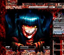 1girl amemiya_darumi black_background black_hair blood blood_from_mouth blood_on_face blue_hair colored_sclera creepypasta evil_grin evil_smile female_focus grin heart long_hair looking_at_viewer pink_eyes red_background smile solo solo_focus teeth the_hundred_line_-last_defense_academy- twintails upper_body username:_666 yellow_sclera youtube