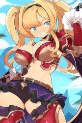 Rule 34 | 1girl, abs, aqua eyes, black hairband, black shorts, blonde hair, blue sky, boobplate, breastplate, breasts, commentary, cowboy shot, granblue fantasy, grin, hairband, hand up, highres, jellcaps, large breasts, long hair, miniskirt, pleated skirt, purple skirt, short shorts, shorts, shorts under skirt, showgirl skirt, skirt, sky, smile, solo, twintails, zeta (granblue fantasy)
